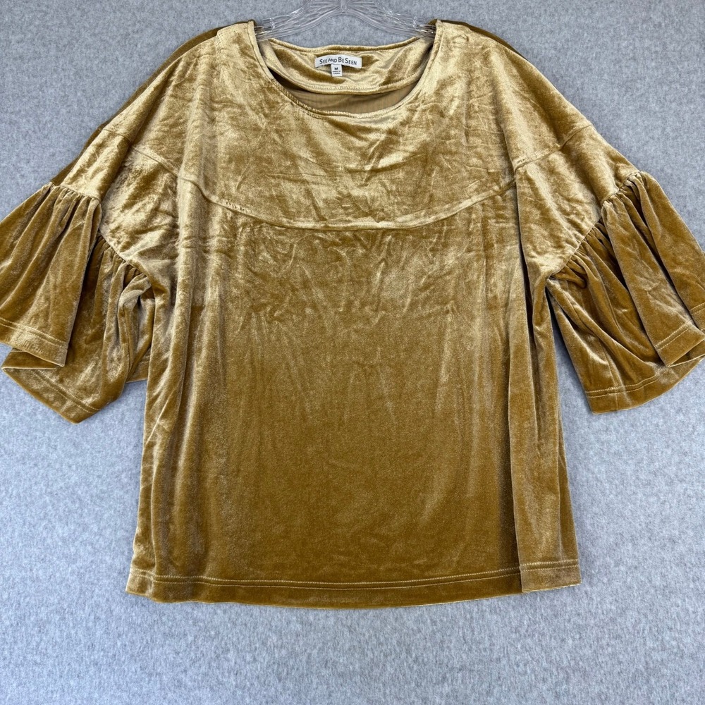 Gold Velvet Tiered Bell Sleeve Top Women M Retroglam Boho Holiday Blouse